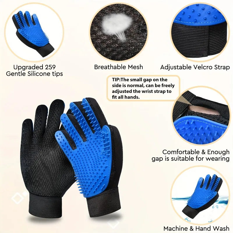 Midello pet grooming gloves in use — gently de-shedding a dog while massaging