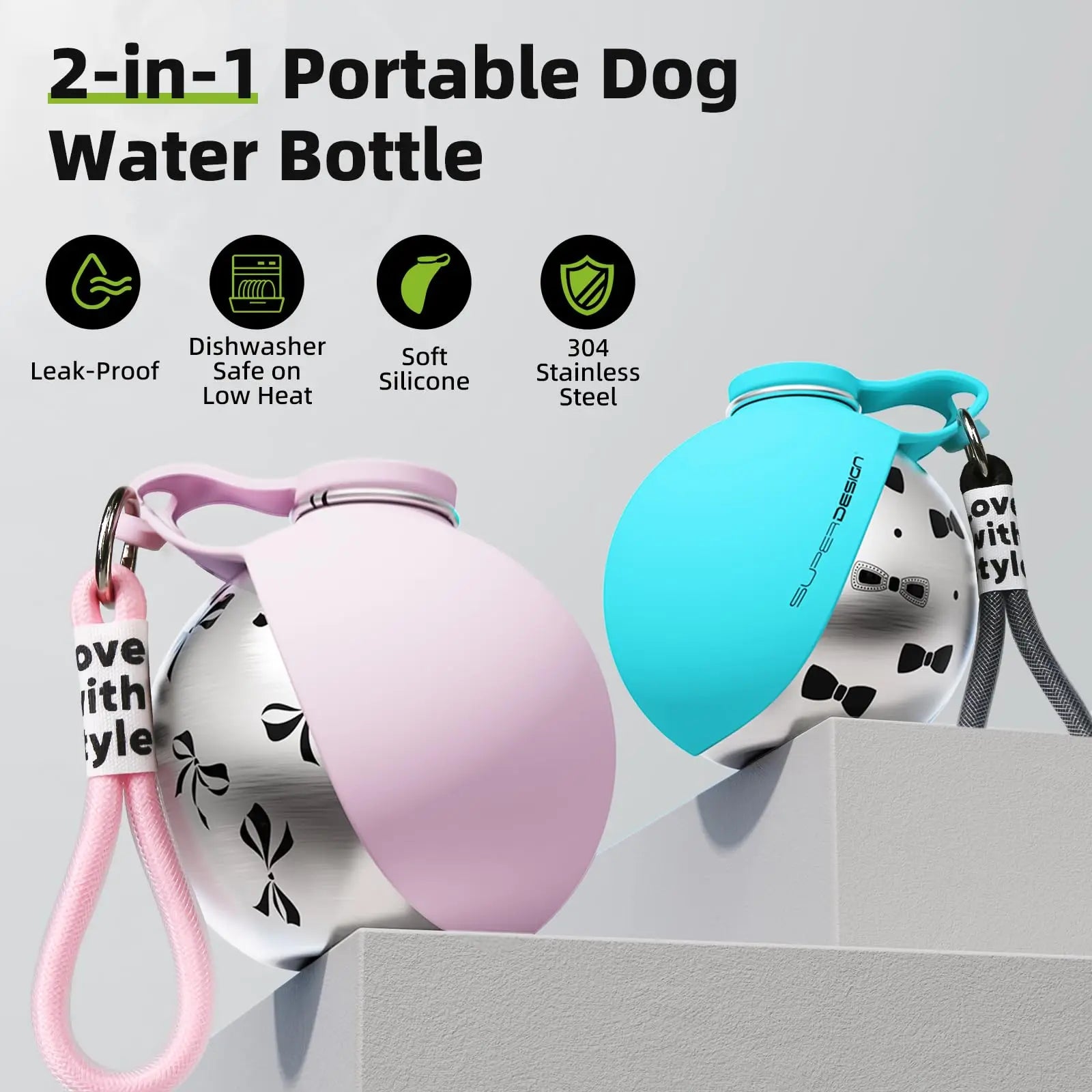 Midello portable stainless steel dog water bottle in teal — leak-proof travel hydration bottle for small and medium dogs