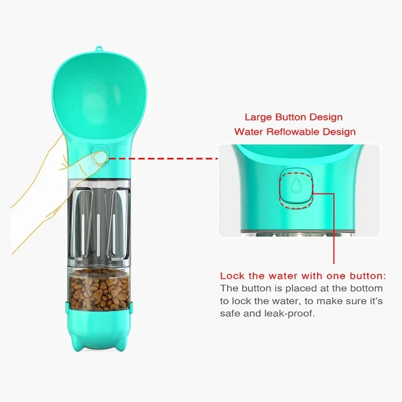 Midello dog travel bottle with detachable food container for treats and kibble