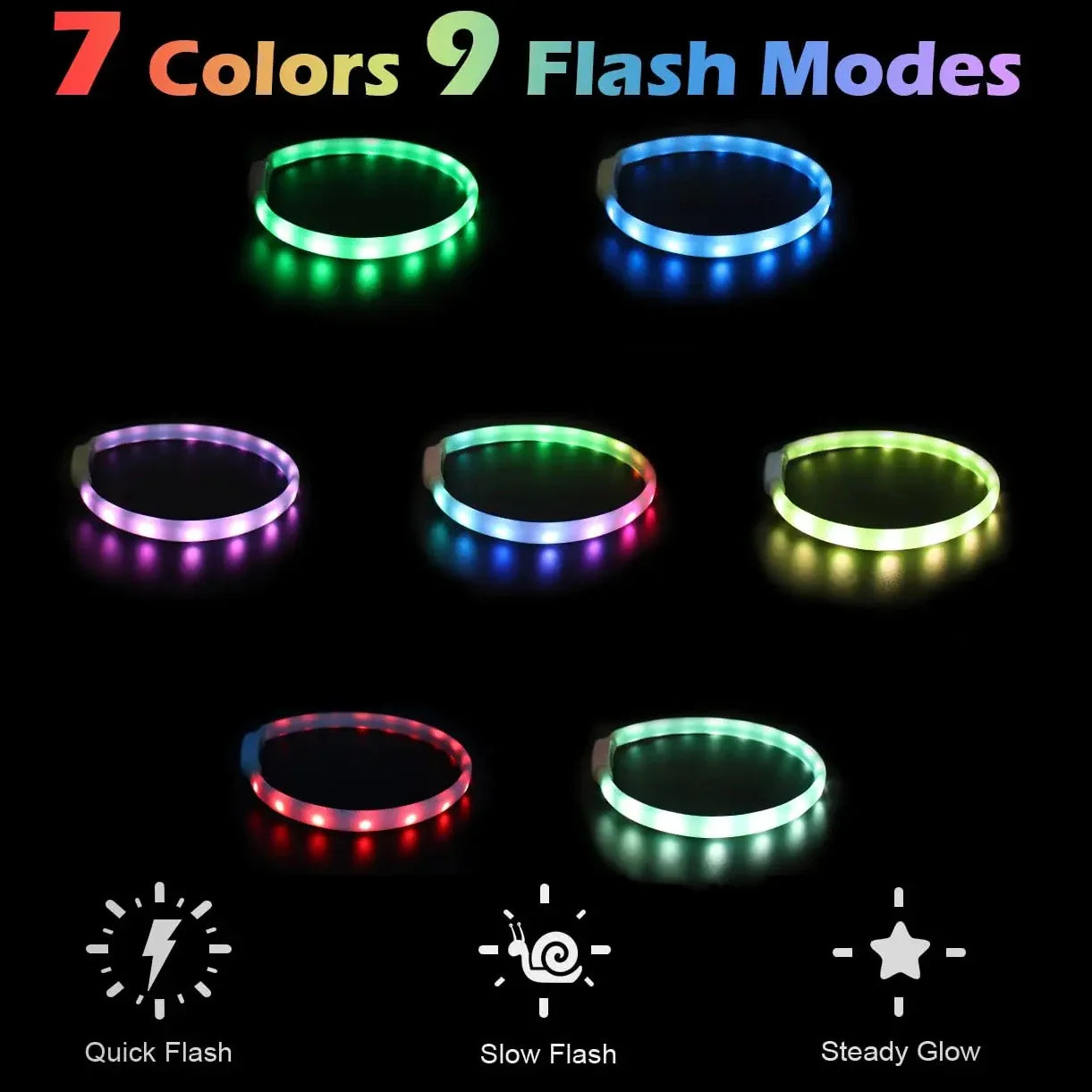 Midello rechargeable dog collar showing nine flashing light modes and adjustable buckle
